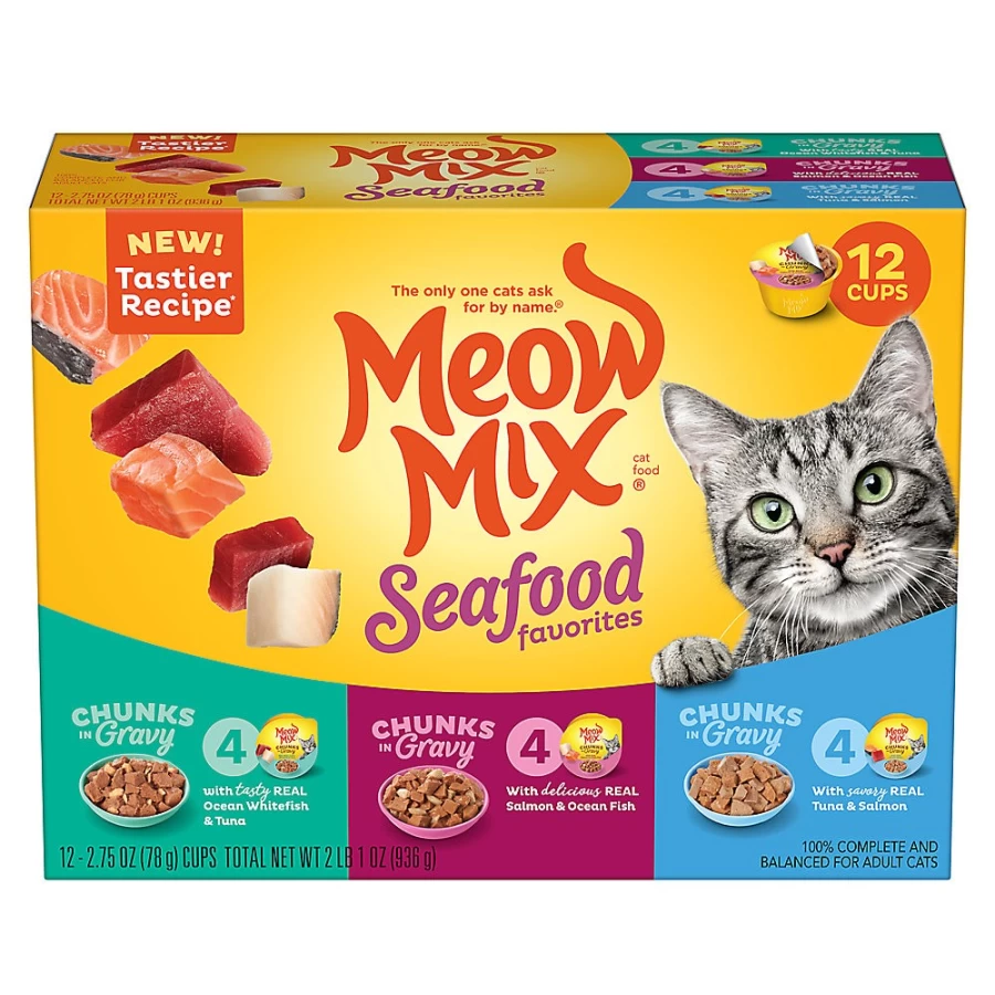 PetSmart Meow Mix Adult Wet Cat Food Variety Pack - Ocean Whitefish, Tuna & Salmon Flavors, High Protein Pate for Cats