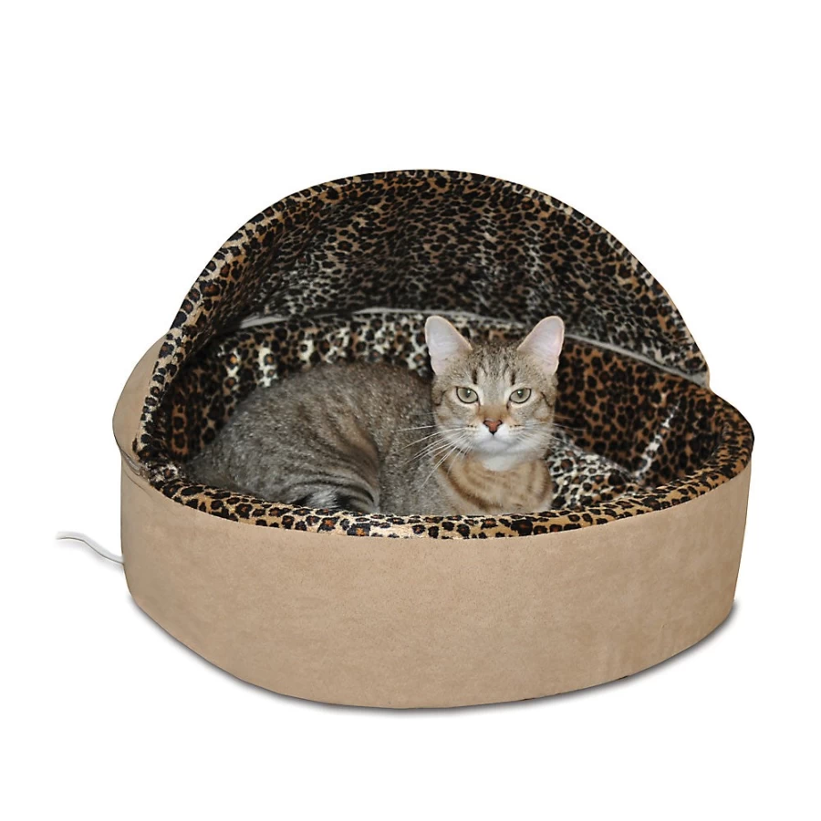 PetSmart Thermo-Kitty Deluxe Heated Cat Bed with Hood, Leopard Print - Cozy Warm Pet Bed for Indoor Cats