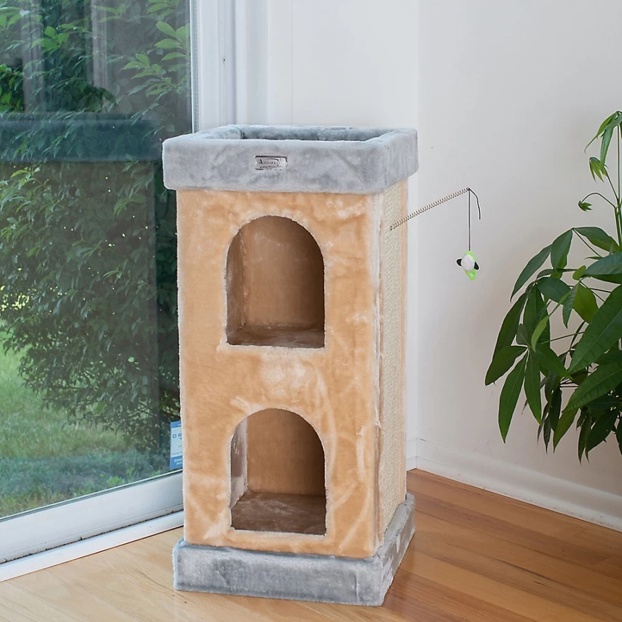 PetSmart Armarkat 32-inch Double Condo Cat Tree with Scratching Posts - Real Wood, Beige, Premium Cat Furniture for Indoor Cats