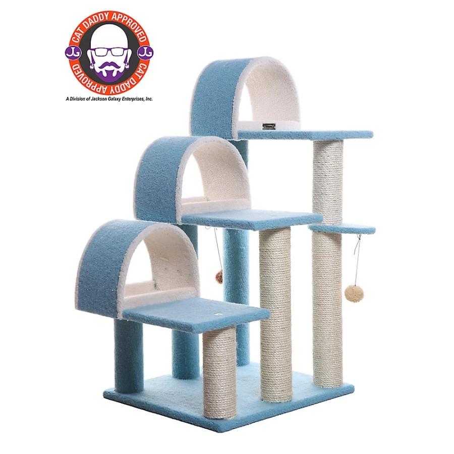 PetSmart Armarkat 38-inch Sky Blue Faux Fleece Cat Tree with 3 Tunnels and Wooden Hideout Bed for Indoor Cats