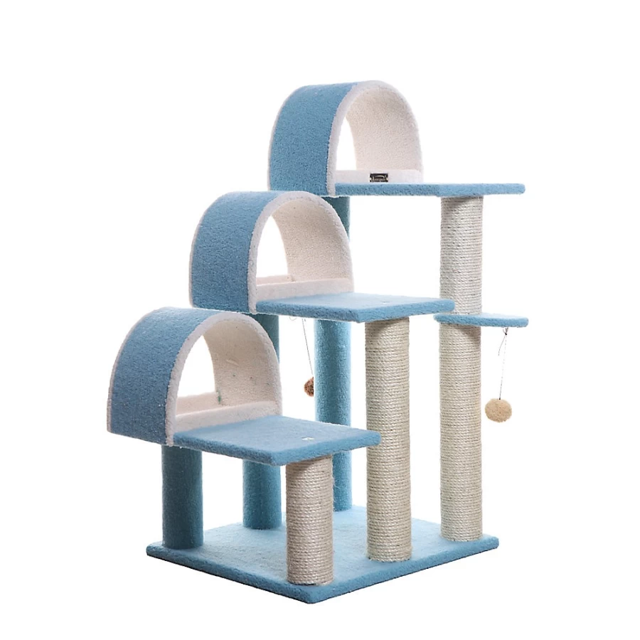 PetSmart Armarkat 38-inch Sky Blue Faux Fleece Cat Tree with 3 Tunnels and Wooden Hideout Bed for Indoor Cats