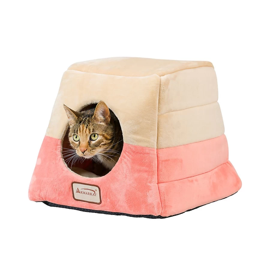PetSmart Armarkat Soft Velvet Enclosed Cat Bed - Orange Beige Cozy Pet Cave for Cats