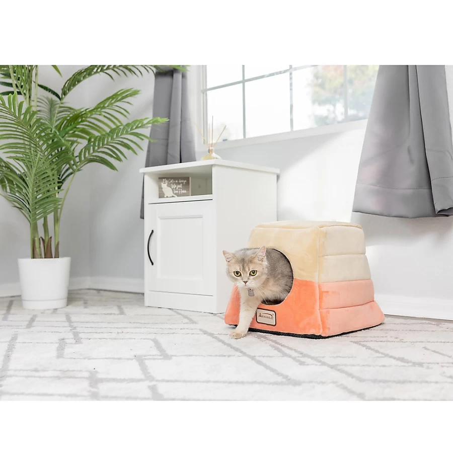 PetSmart Armarkat Soft Velvet Enclosed Cat Bed - Orange Beige Cozy Pet Cave for Cats