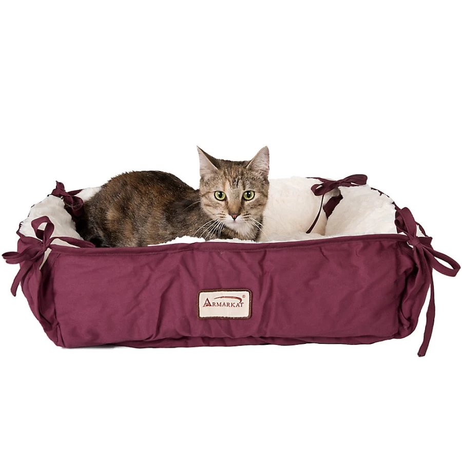 PetSmart Convertible Square Cat Bed in Burgundy and Ivory - Flat or Raised Pet Sleeping Mat