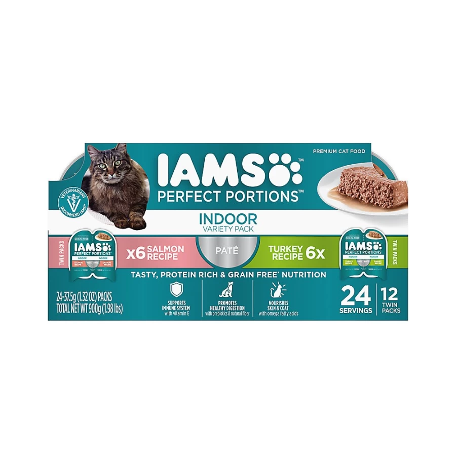 PetSmart IAMS Perfect Portions Indoor Adult Wet Cat Food Pate - Variety Pack, 12 Count, Grain-Free & Tender Recipes for Sensitive Stomachs