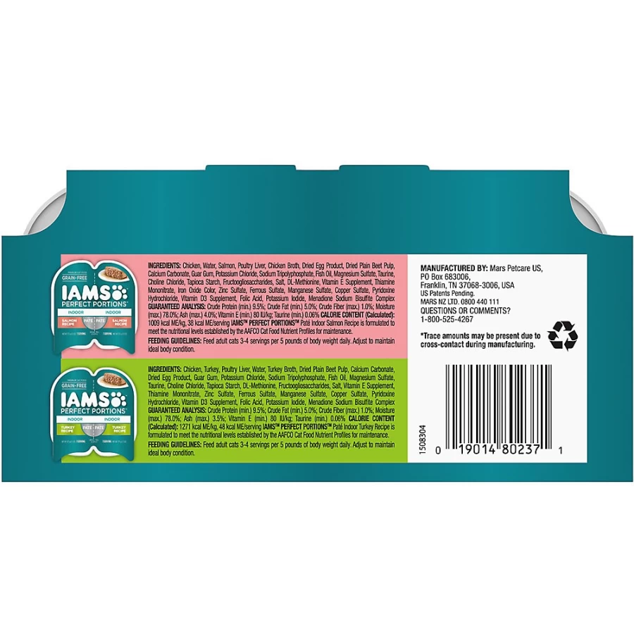 PetSmart IAMS Perfect Portions Indoor Adult Wet Cat Food Pate - Variety Pack, 12 Count, Grain-Free & Tender Recipes for Sensitive Stomachs
