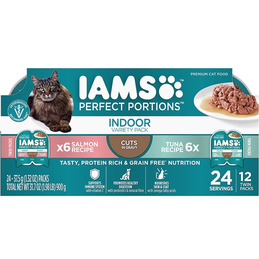 PetSmart IAMS Perfect Portions Indoor Adult Wet Cat Food Variety Pack - 12 Count, Tender Cuts in Gravy for Delicate Digestion