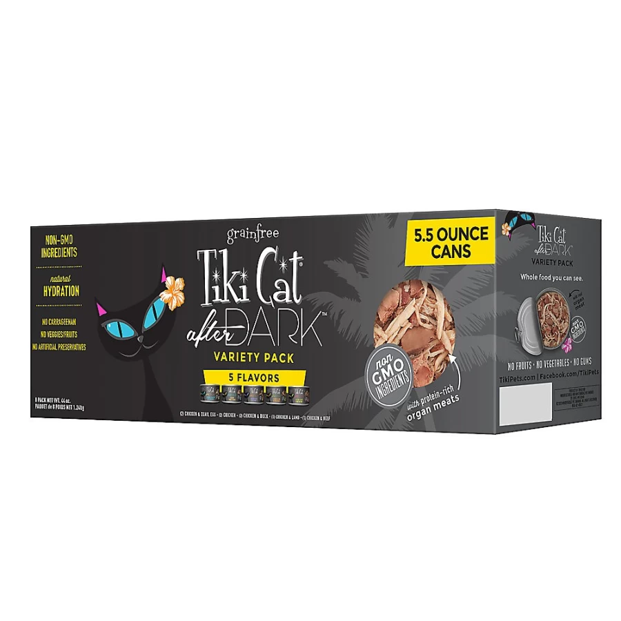 PetSmart Tiki Cat After Dark Grain-Free Wet Cat Food Variety Pack - Non-GMO, High Protein, 8 Cans