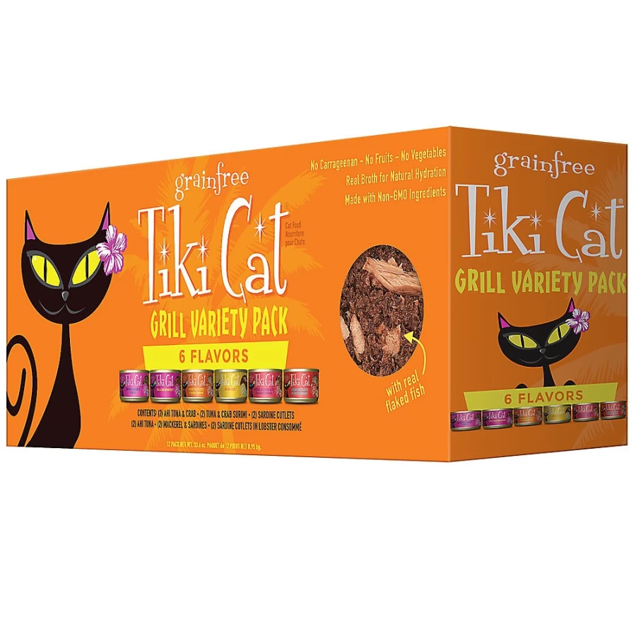 PetSmart Tiki Cat Grill Grain-Free Cat Food Variety Pack - Non-GMO, No Potatoes, 12 Cans