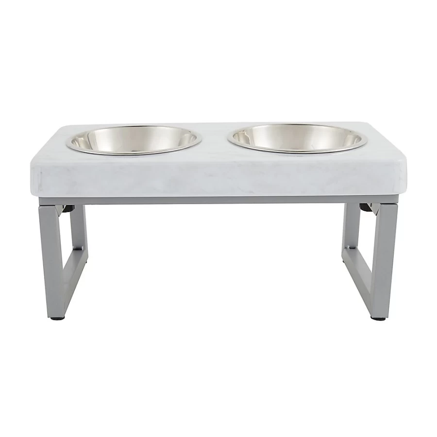 PetSmart Whisker City Elevated Cat Bowls - Foldable White Marble Design, 1.25-Cup Double Diner for Cats
