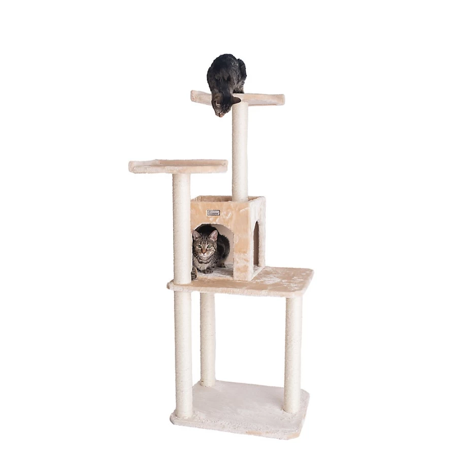 PetSmart GleePet 57-Inch Cat Tree with Condo - Real Wood Base, Beige Faux Fur, Large Cat Climbing Tower for Indoor Cats