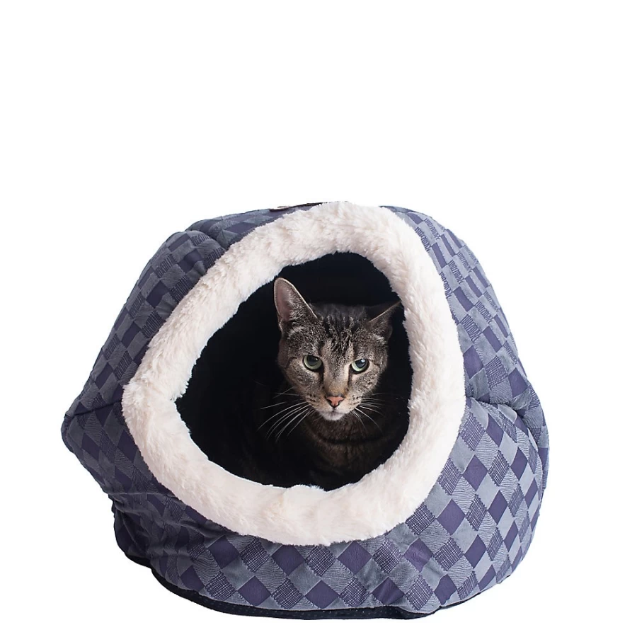 PetSmart Armarkat Enclosed Cat Bed - Soft Blue Checkered Design for Cozy Comfort