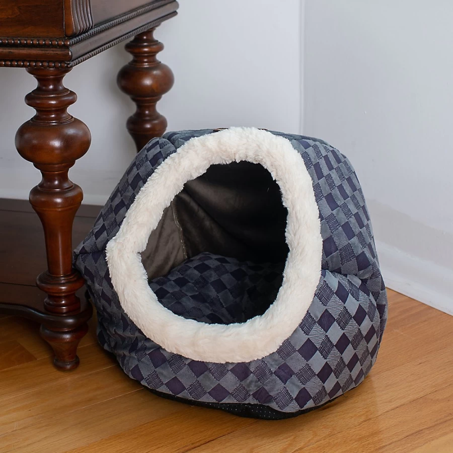 PetSmart Armarkat Enclosed Cat Bed - Soft Blue Checkered Design for Cozy Comfort