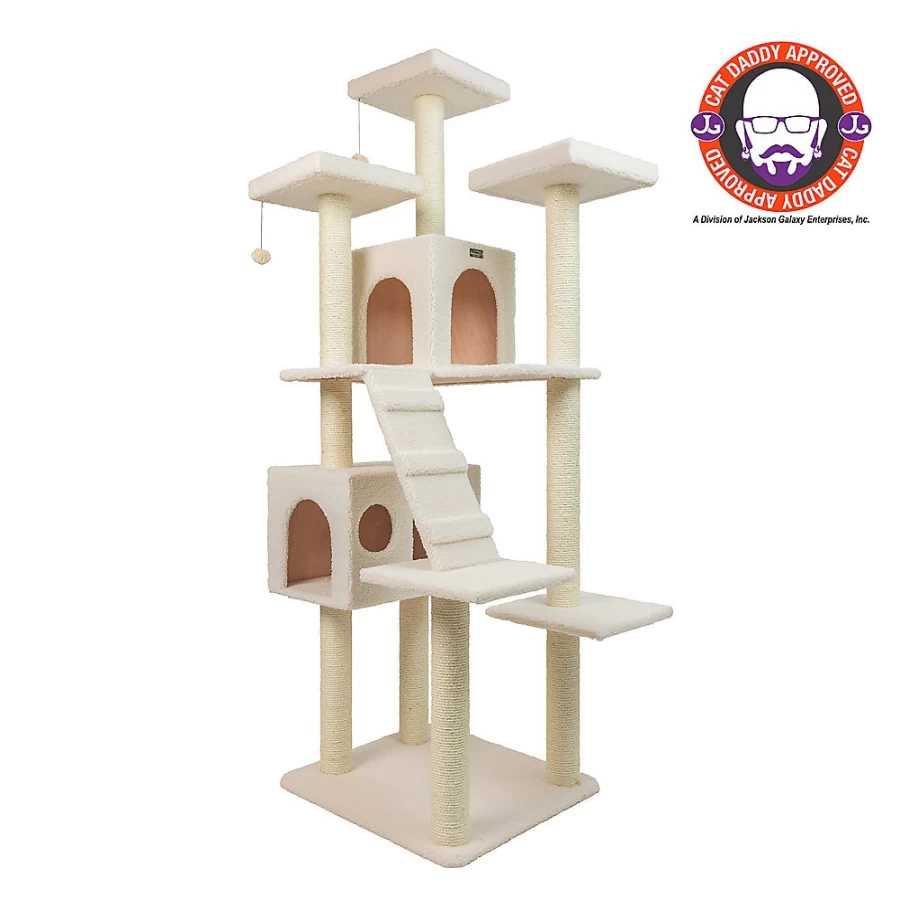 PetSmart Armarkat 77-inch Ivory Faux Fleece Cat Tree with Real Wood Perches - Large Cat Play Tower for Indoor Cats