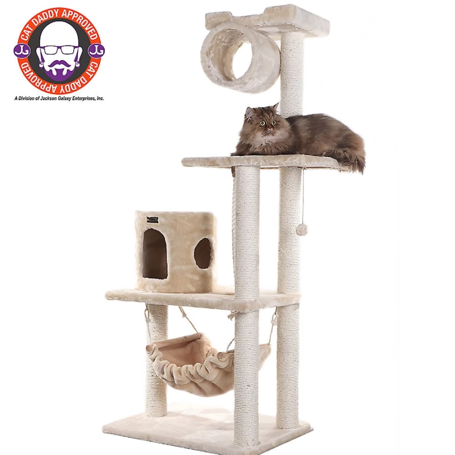 PetSmart Armarkat 62-inch Beige Faux Fur Cat Tree with Real Wood Perch for Climbing and Scratching