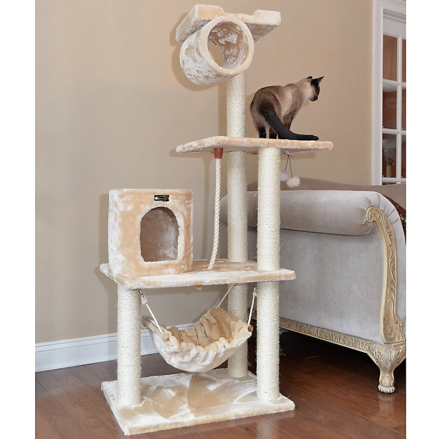 PetSmart Armarkat 62-inch Beige Faux Fur Cat Tree with Real Wood Perch for Climbing and Scratching