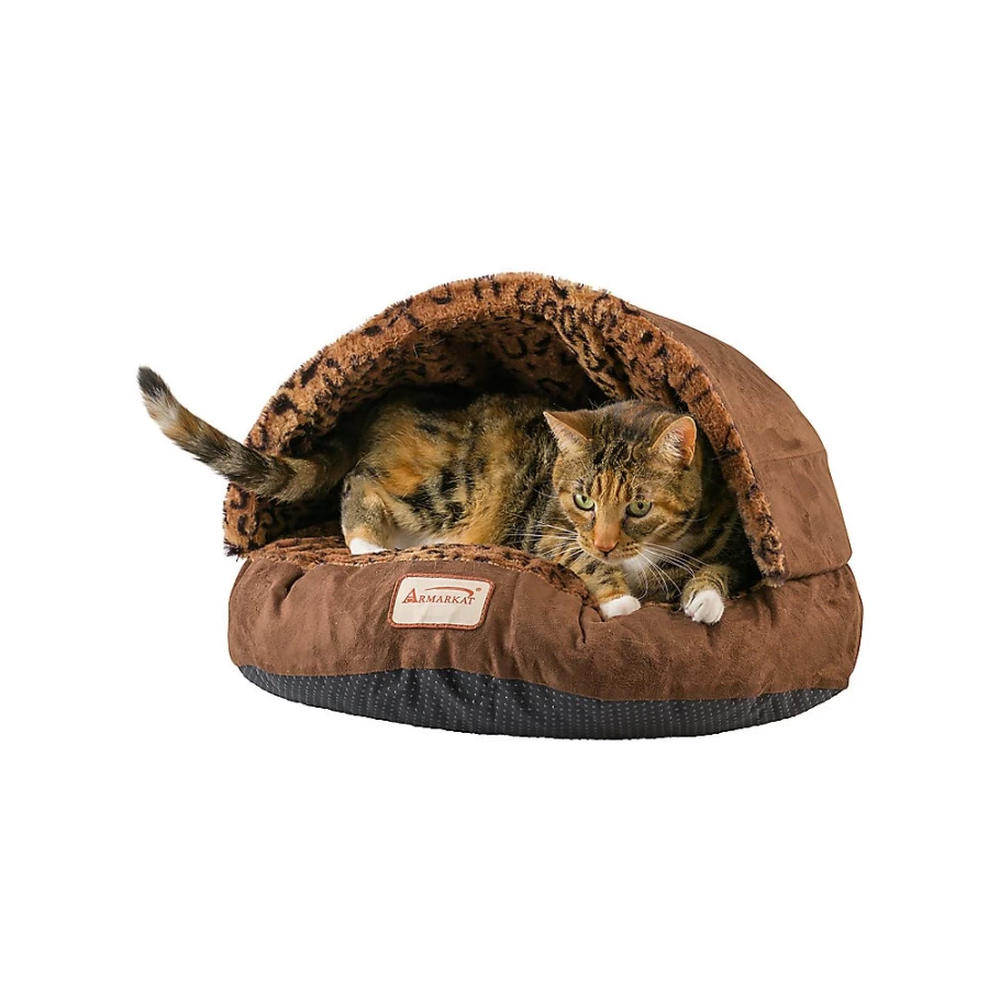 PetSmart Armarkat Faux Suede Cat Bed - Brown Animal Print Cave Style Pet Bed for Cats