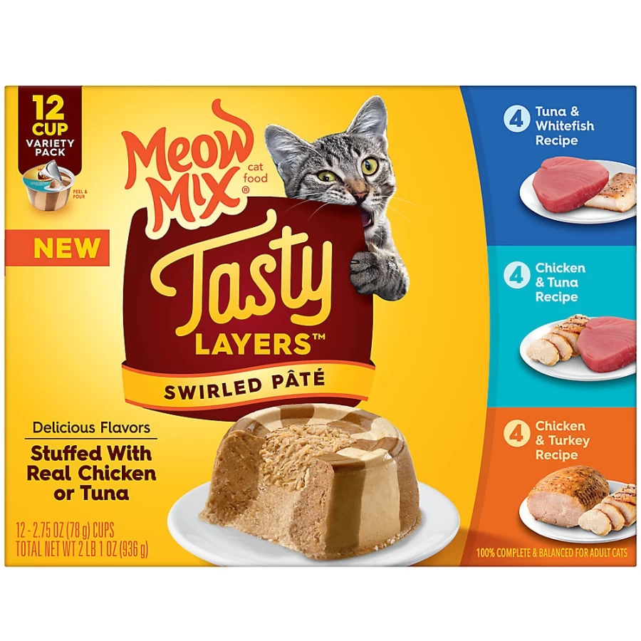 PetSmart Meow Mix Tasty Layers Wet Cat Food Variety Pack - Chicken, Tuna, Turkey & Whitefish Recipes