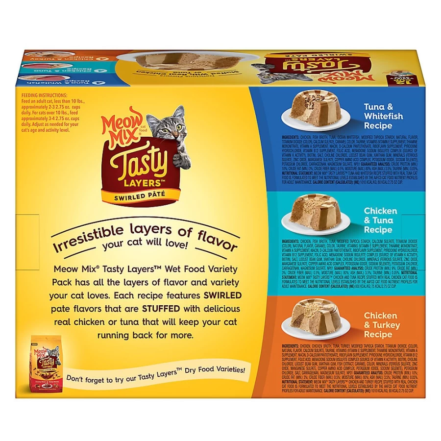 PetSmart Meow Mix Tasty Layers Wet Cat Food Variety Pack - Chicken, Tuna, Turkey & Whitefish Recipes