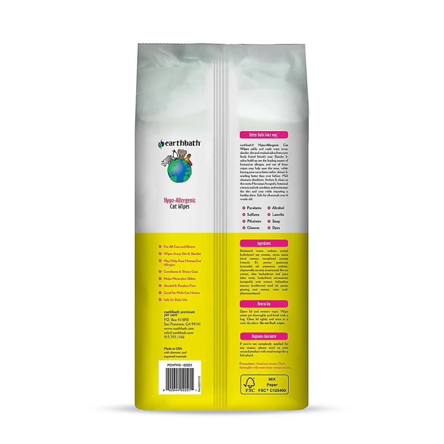 PetSmart Earthbath Hypo-Allergenic Fragrance Free Cat Wipes for Sensitive Skin - Extra Large Towels, 100 Count