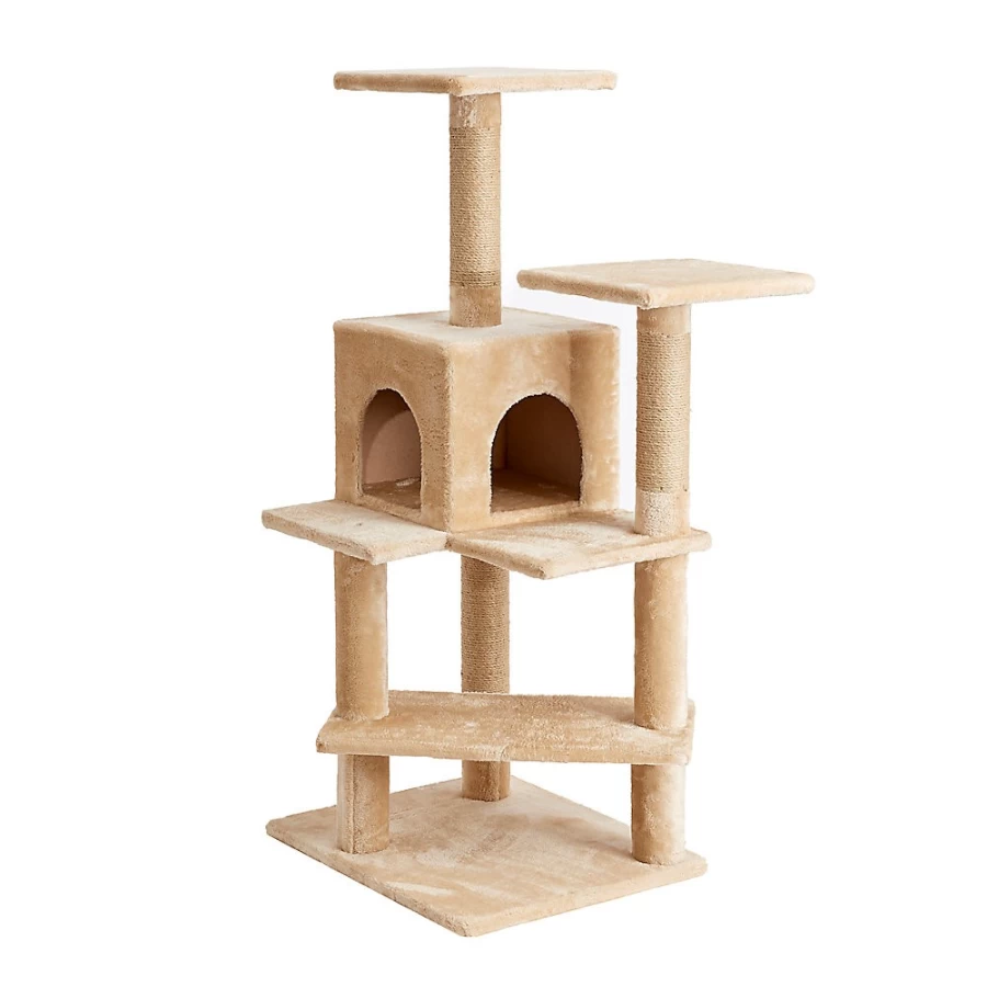 PetSmart Evergreen 50-inch Faux-Fleece Cat Tree Condo with Perches, Beige - Two by Two Design for Climbing & Scratching