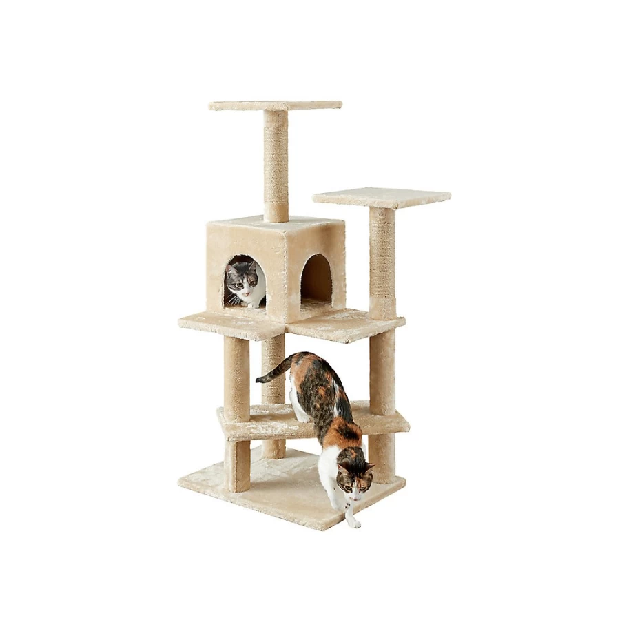PetSmart Evergreen 50-inch Faux-Fleece Cat Tree Condo with Perches, Beige - Two by Two Design for Climbing & Scratching