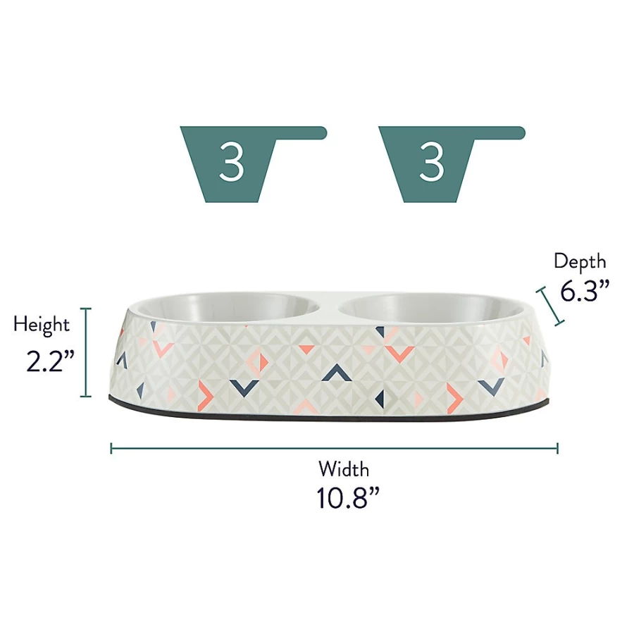 PetSmart Whisker City 3-Cup Double Cat Bowl, Ivory Melamine with Geometric Print, Durable Pet Dish for Food & Water