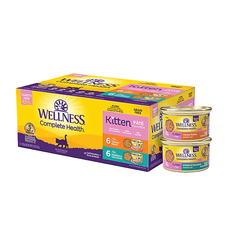PetSmart Wellness Complete Health Grain Free Kitten Wet Food Variety Pack - 12 Cans, Pate Recipe for Optimal Growth