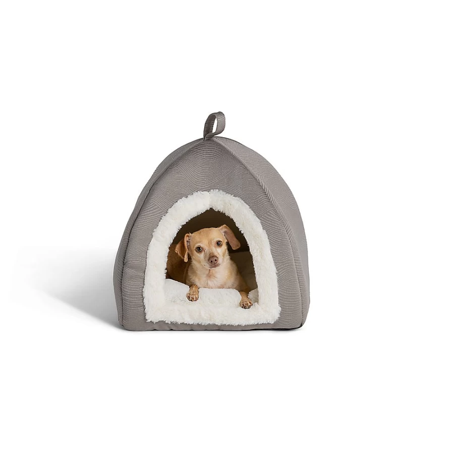 PetSmart Top Paw Grey Pyramid Hut Dog Bed - Wavy Lines Design for Comfortable Pet Sleeping