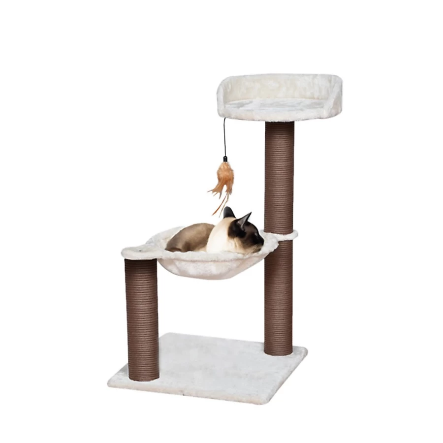 PetSmart 28-inch White Cat Tree with Hammock & Perch - Off White & Brown Modern Cat Tower for Indoor Cats